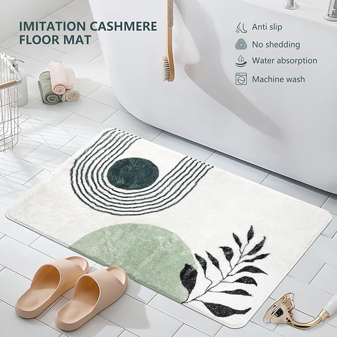 20"X30" Boho Bath Rugs for Bathroom Decor Non-Slip Bath Mat Absorbent Plush Microfiber Soft Carpet Machine Washable Bath Mat for Sink, Showers, Laundry Rooms, Living Room, Green