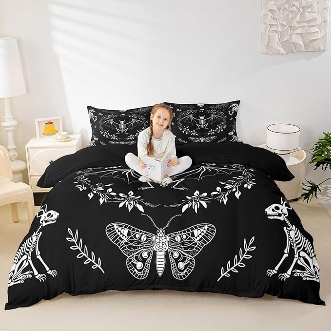 Castle Fairy Moth Animal Theme Duvet Cover Queen Size,Gothic Skull Boho Comforter Cover with 2 Pillowcase for Adults,Black and White Skeleton Decorative Soft Bedding Set,No Comforter