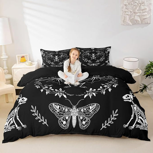 Castle Fairy Butterfly Bedding Set 3 Pieces,Gothic Jungle Animal Skeleton Comforter Cover for Boys Girls,Weed Floral Black and White Ultra Soft Duvet Cover Decor,Full Size,No Comforter