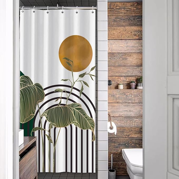 ChloropLastid Mid Century Boho Shower Curtain Minimalist Aesthetic Bath Curtain Dark Green Arch Curve Tropical Leaves Plants Geometric Art Bathroom Home Decor Fabric Waterproof Decor 36x72 inch