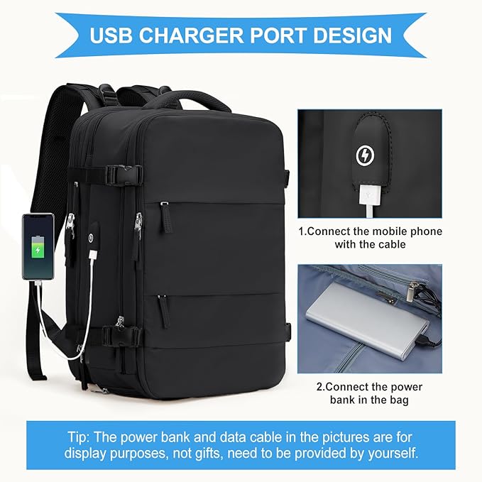 coowoz Large Travel Backpack For Women Men, Carry On Backpack,Hiking Backpack Waterproof Outdoor Sports Rucksack Casual Daypack Expandable Heavy Duty Extra large Backpack Black Expansion