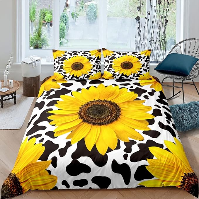 Feelyou Sunflower Bedding Set Botanical Floral Duvet Cover Yellow Flowers Print Comforter Cover Cute Cows Bedspread Cover Bedroom Collection 3Pcs Queen Size