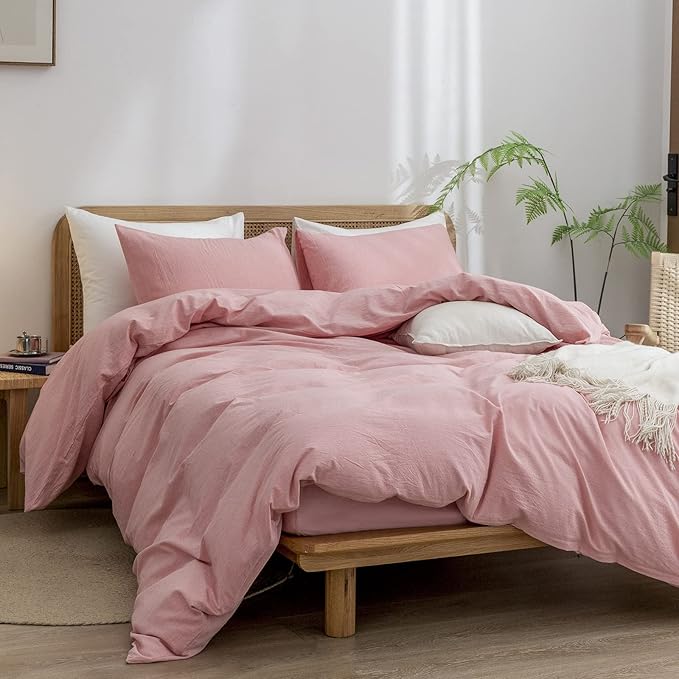 BESTOUCH Duvet Cover Set 100% Washed Cotton Linen Feel Super Soft Comfortable Chic Lightweight 3 PCs Home Bedding Set Solid Red Pink Queen