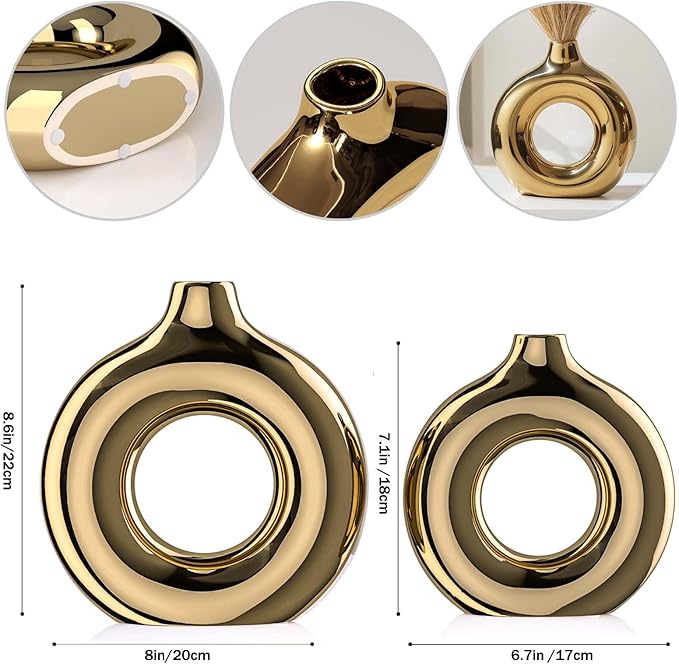 Glossy Gold Ceramic Vase Set of 2,Round Donut Hollow Flower Vases for Home Decor Accents,Modern Minimalist Centerpiece Table Decorations,Wedding,Living Room,Bookshelf,Office,Entryway