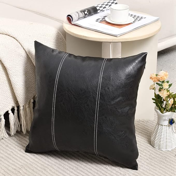 Fancy Homi 2 Packs Black Boho Faux Leather Decorative Throw Pillow Covers 18x18 Inch for Living Room Couch Bed Sofa, Rustic Modern Farmhouse Home Decor, Hand Stitched Square Cushion Case 45x45 cm