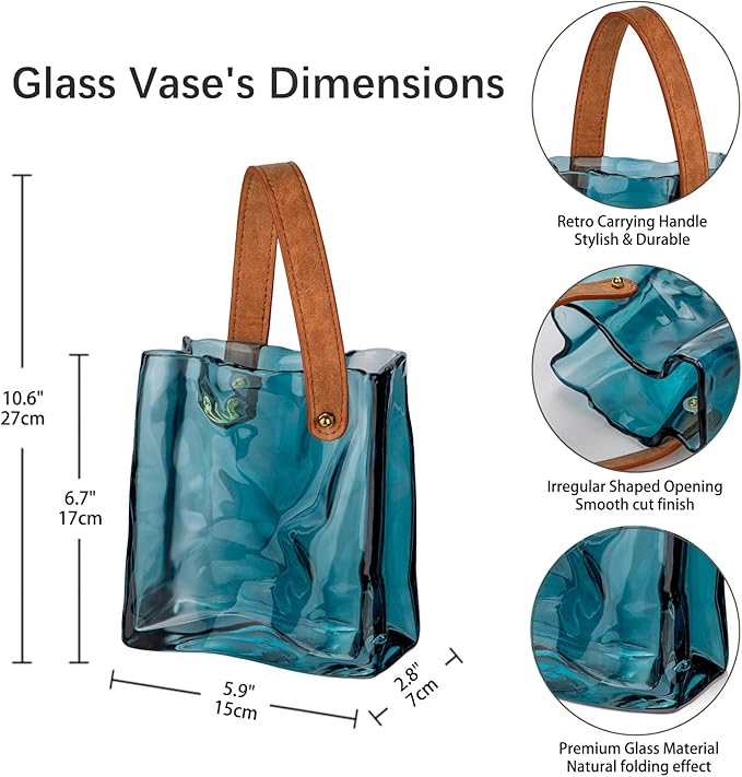 Glass Purse Vase for Flowers Deep Sea Blue Vases for Centerpieces Glass Bag Vase with Leather Handle Small Bag Vases for Decor Decorative Fish Bowl for Home Wedding Decor