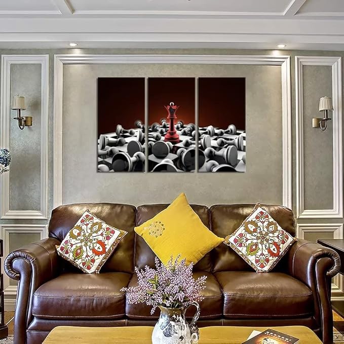 Queen Chess Wall Art Red and Gray Canvas Wall Decor Chess Pieces Print Painting for Living Room Bedroom Home Office Classroom Decoration Modern Ready to Hang (40''H x 60''W)