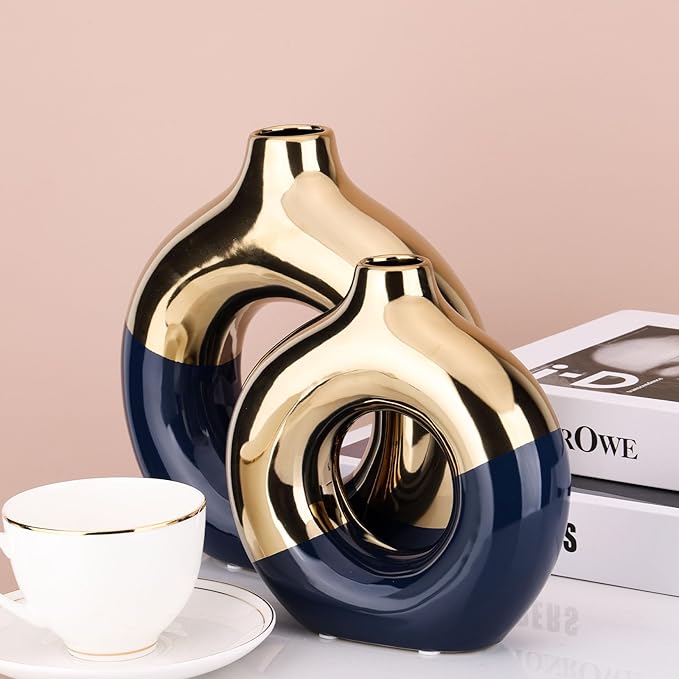 Navy Blue and Gold Ceramic Vase Set of 2,Round Donut Hollow Flower Vases for Home Decor Accents,Modern Minimalist Centerpiece Table Decorations,Wedding,Living Room,Bookshelf,Office,Entryway