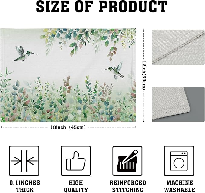 Giwawa 4PCs Hummingbird Placemats for Kitchen Dining, Spring Summer Sage Green Eucalyptus Leaf Herb Botanical Washable Linen Place Table Mat 12x18in for Tabletop Holiday Party Picnic Decor
