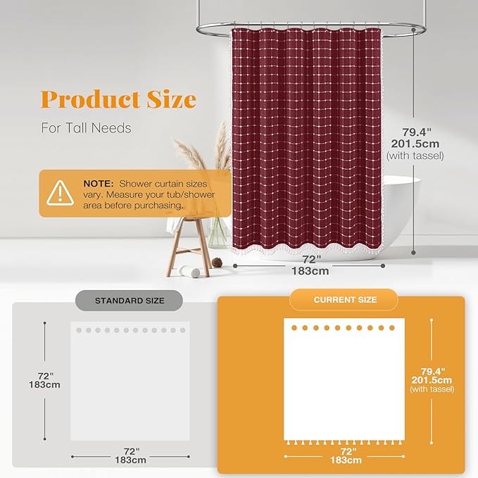 BTTN 78 Inch Long Shower Curtain - Boho Farmhouse Linen Ultra Thick Fabric Shower Curtain Set with Plastic Hooks, Tall Rustic Country Weighted Cloth Shower Curtains for Bathroom - Burgundy - 72x78