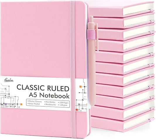 feela 12 Pack Notebooks Journals Bulk, Hardcover Notebook Classic Ruled Lined Journals with Pen Holder for Women Girls School Business Supplies, with 12 Black Pens, 120 GSM, 5.1”x8.3”, A5, Rose Pink