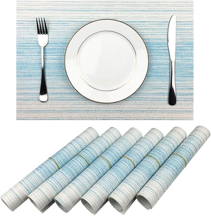 Placemat,Blending Color Durable Woven Vinyl Placemat Washable Heat-Resistant Anti-Skid Kitchen Dining Table Mats (Set of 6, Blue with White)