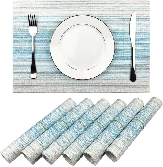 Placemat,Blending Color Durable Woven Vinyl Placemat Washable Heat-Resistant Anti-Skid Kitchen Dining Table Mats (Set of 6, Blue with White)