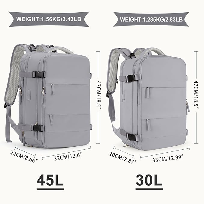 coowoz Large Travel Backpack For Women Men, Carry On Backpack,Hiking Backpack Waterproof Outdoor Sports Rucksack Casual Daypack Expandable Heavy Duty Extra large Backpack Grey Expansion
