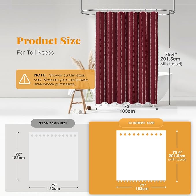BTTN 78 Inch Long Shower Curtain - Boho Farmhouse Linen Thick Striped Fabric Shower Curtain Set with 12 Plastic Hooks, Tall Rustic Country Luxury Cloth Shower Curtains for Bathroom - Burgundy - 72x78