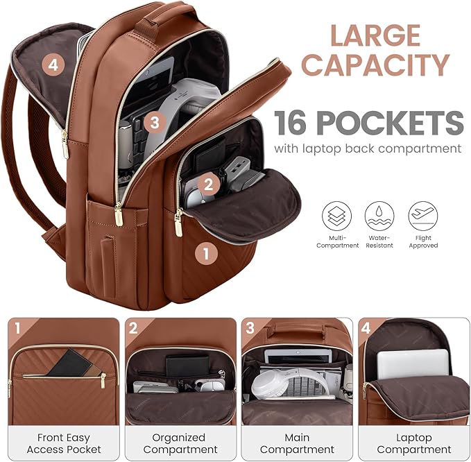 LOVEVOOK Leather Backpacks for Women,17.3 inch Leather Laptop Backpack Women Computer Backpack Laptop Bag,Stylish Quilted Travel Backpack Purse Work Bag College Teacher Backpacks with USB Port,Brown