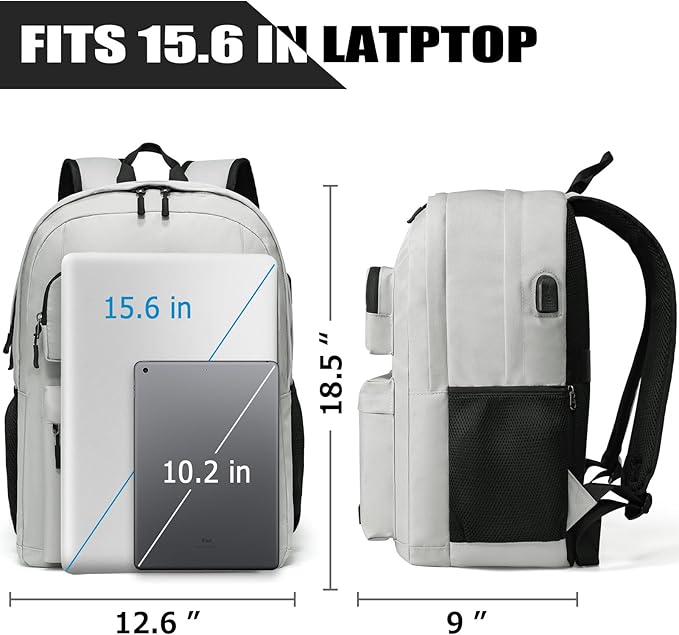 Backpack for Men and Women, School Backpack for Teen Boys and Girls, Carry-on Lightweight Casual Bookbag with USB Charging Port Fit 15.6 Inch Laptop, Grey