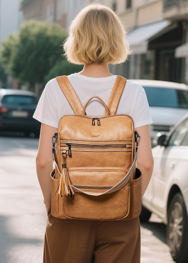 Shrrie 15.6 inch Laptop Backpack for Women,Large Leather Purse,Travel Backpacks Carry on,Water Resistant Casual Laptop Backpacks,College Backpack,Work Backpack for Women,Two-tone Camel Brown