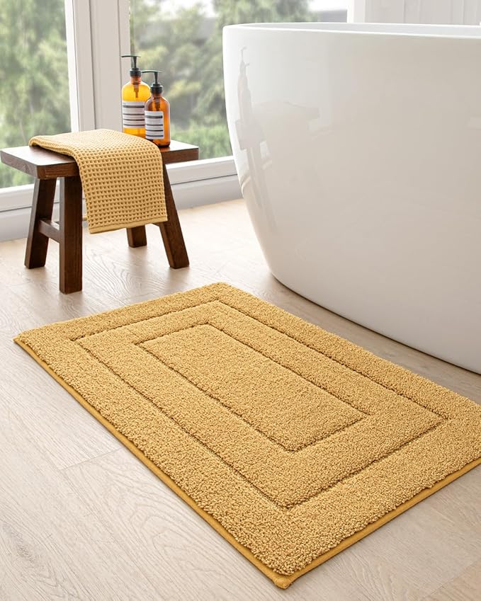 DEXI Bathroom Rug 43x24, Non Slip Washable Bath Mat for Shower Floor, Extra Large Absorbent Soft Bathmat with Rubber Backing, Quick Dry Microfiber Carpet, Yellow