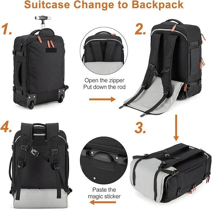 Rolling Backpack for Men and Women, Extra Large 42L Travel Backpack with Wheels, 17.3 Inch Carry-On Laptop Bag with 4 packing cubes for Business and Work, Large Capacity Rolling Bag