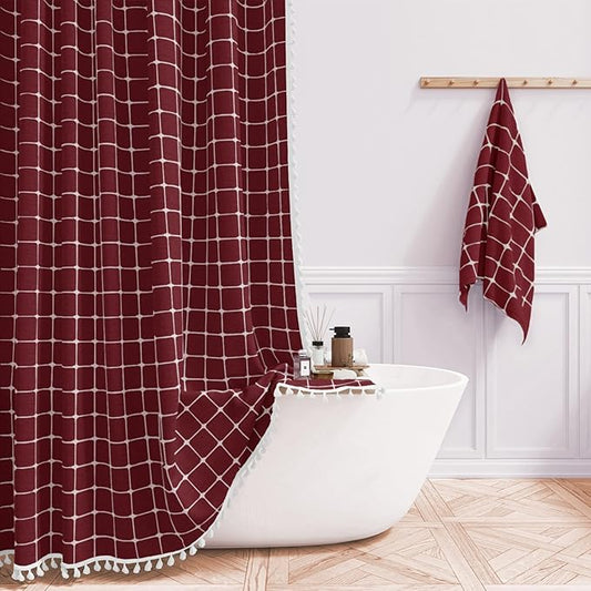 BTTN Boho Farmhouse Shower Curtain, Linen Rustic Heavy Duty Fabric Shower Curtain Set with Tassel, Water Repellent, Bohemian Vintage Country Thick Cloth Shower Curtains for Bathroom - Burgundy - 72x72
