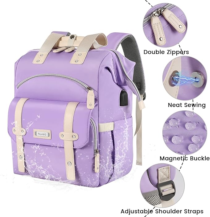 FALANKO Laptop backpack for Women, Computer Backpack Fits 15.6Inch Laptop with USB Charging Port RFID Water Resistant purse Casual Bookbag for Teacher work College nurse Doctor