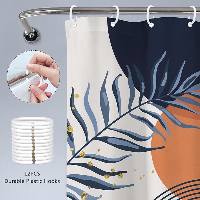 Navy Blue Boho Shower Curtain 60Wx72H Modern Abstract Bohemian Blue Gold Leaves Orange Minimalist Mid Century Plant Arch Bathroom Decor Neutral Geometric Bath Curtain Polyester 12 Pack Hooks