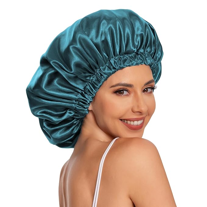 Satin Bonnet Silk Bonnet Hair Bonnet for Sleeping-Slouchy Beanie Hat Satin Sleep Cap for Women's Natural & Curly Hair(2Pcs Blue Zircon)
