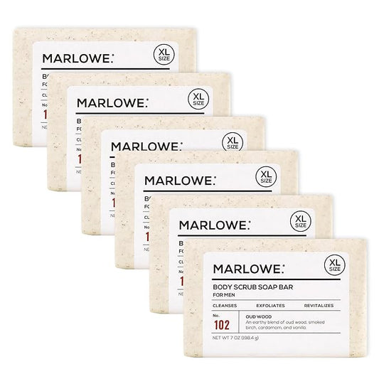 MARLOWE. No. 102 Body Scrub Soap 7 oz (6 Bars), Oud Wood, Exfoliating Soap Bar with Shea Butter, Olive Oil & Green Tea Extracts, Cleanses, Smooths & Revitalizes Skin, Earthy & Smoky Scent