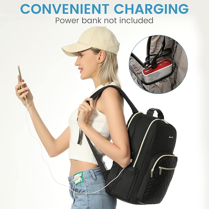 LOVEVOOK Laptop Backpack for Women, Stylish Quilted Backpacks Purse for Business Work Travel, Computer Bags Bag, with USB Port fits 15.6-inch Laptop, Black