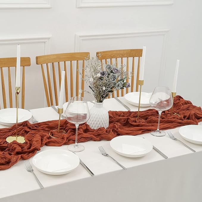 DOLOPL Fall Table Runner 10ft Rust Cheesecloth, Rustic Gauze Thanksgiving Table Runner for Baby Shower Wedding Party and Thanksgiving Table Decorations