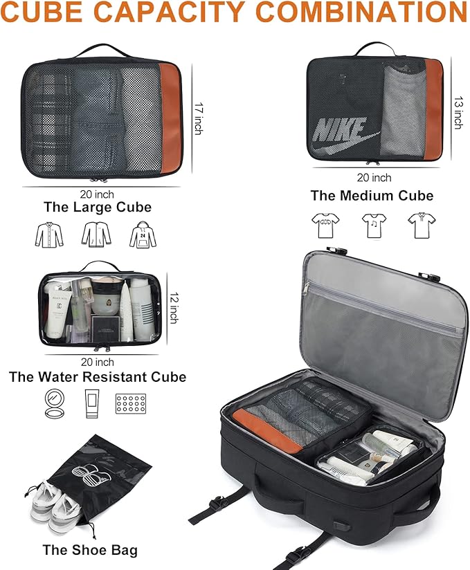 Carry on Travel Backpacks, Extra Large 40L Flight Approved Bag for Men & Women,Expandable Suitcase Backpack With 4 Packing Cubes,Water Resistant Luggage Daypack Business Weekender Bag,Black