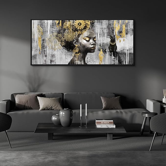 KLAKLA African American Wall Art - Large Black Girl Black Woman Black and Gold Artwork Canvas Picture Framed Wall Decor for Living Room Bedroom Home Decoration