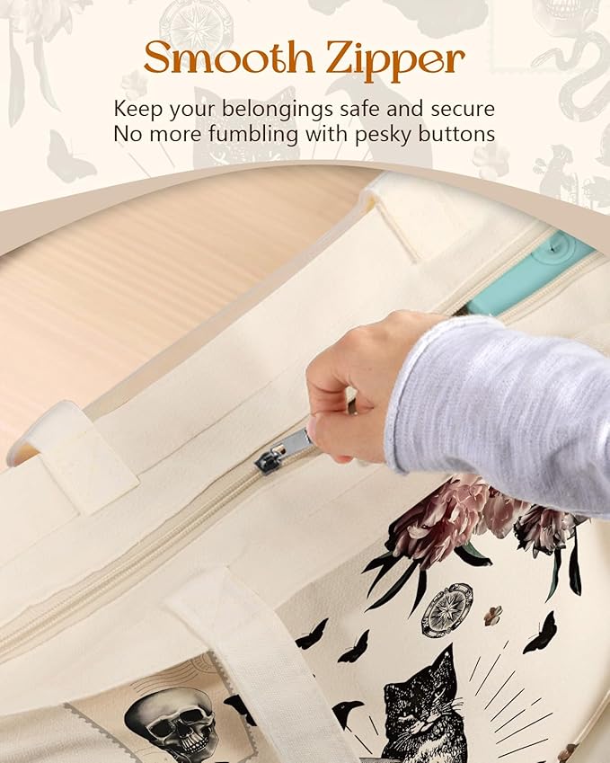 Canvas Tote Bag for Women – Aesthetic Canvas Bag with Zipper Cute Stylish Reusable Shoulder Totes for Shopping Work Daily Vacation, Crow Cat