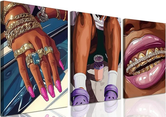 Black Girl Canvas Wall Art Set of 3, Fashion African American Woman Wall Decor Paintings, Abstract Black Women Pictures Prints for Girly Bedroom Living Room Dorm 12x16 inch Framed