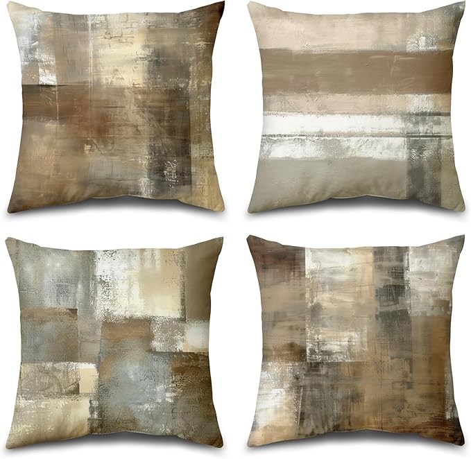Brown Tan and Gray Throw Pillow Covers,Set of 4 20 x 20 Inch Taupe Modern Art Abstract Painting Home Decor Couch Pillow Covers Neutral Decorative for Sofa Bedroom Living Room