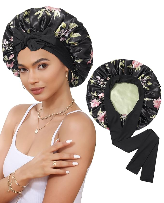 Satin Bonnet Silk Bonnet for Sleeping Silk Sleep Cap Double Layer Hair Bonnet with Elastic Tie Band for Curly Hair Night Cap (Black flower+Green)