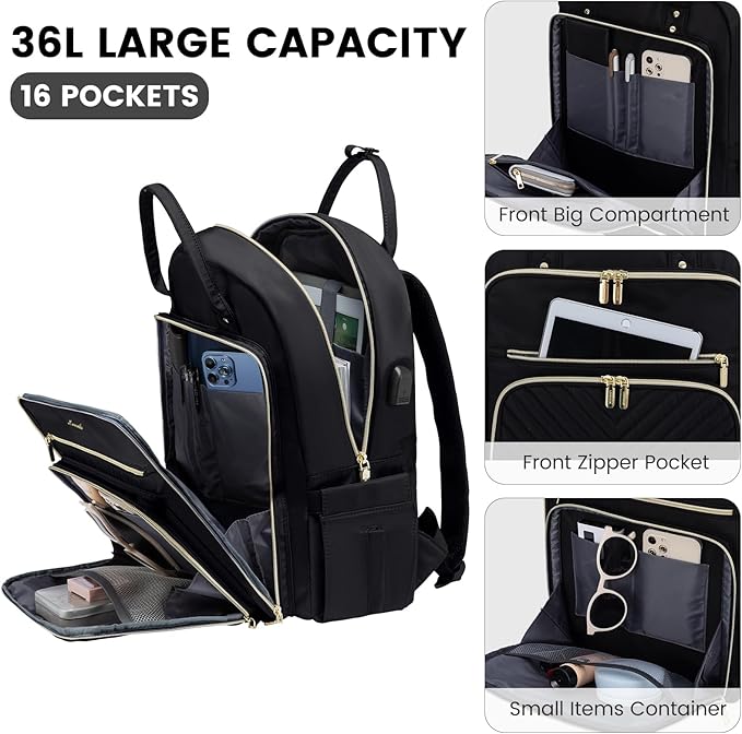 LOVEVOOK Laptop Backpack for Women, Water Resistant Travel Work Backpacks Purse Stylish Business Teacher Nurse Computer Bag with USB Charging Port,Black