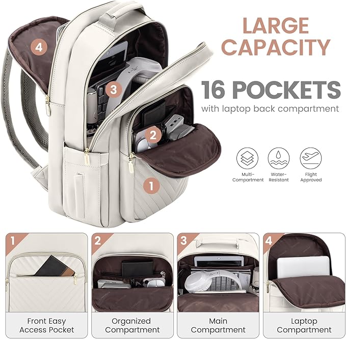 LOVEVOOK Leather Backpacks for Women,17.3 inch Leather Laptop Backpack Women Computer Backpack Laptop Bag,Stylish Quilted Travel Backpack Purse Work College Teacher Backpacks with USB Port,Off-white