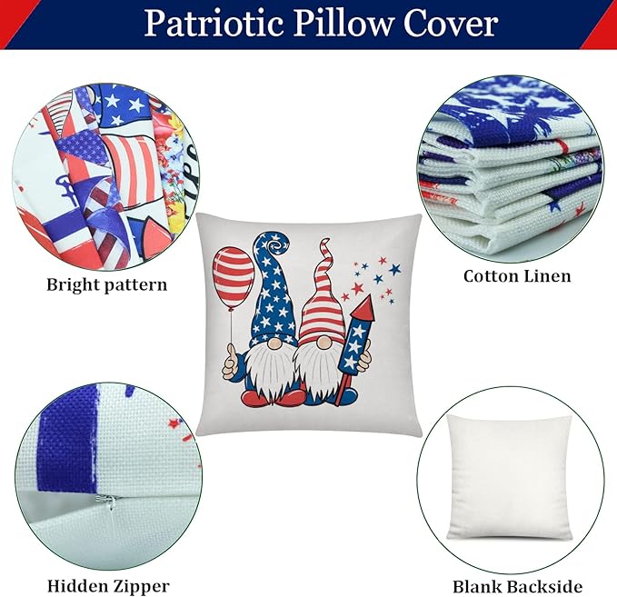 COMMINY 4th of July Pillow Covers 18x18 Set of 6 Patriotic Stripes Throw Pillow Cover American Flag Pillow Case Independence Memorial Day Decorations for Couch Home