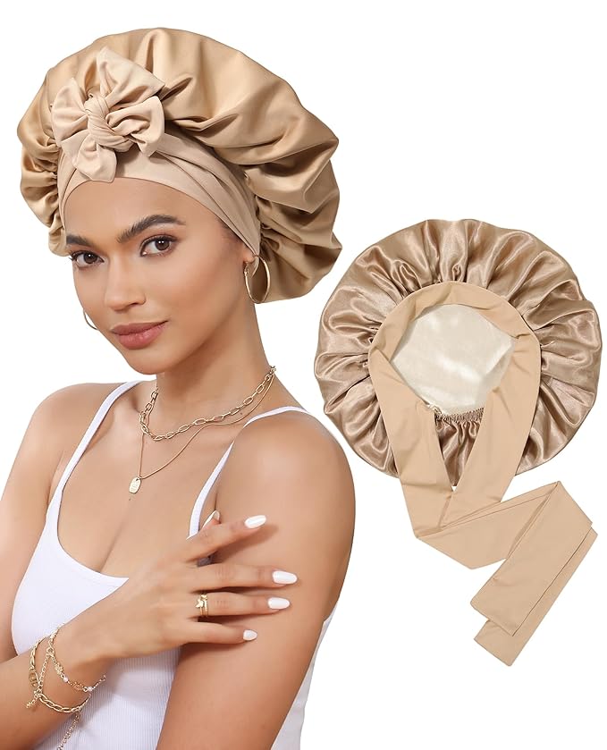 Satin Bonnet Silk Bonnet for Sleeping Silk Sleep Cap Double Layer Hair Bonnet with Elastic Tie Band for Curly Hair Night Cap (Coffee + Champagne)