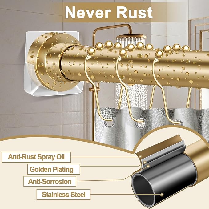 YNL Shower Curtain Rod 34-120 Inches, Adjustable Gold Shower Rod No Drilling, Non-Slip, Never Rust, Stainless Steel, Suitable for Bathroom Living Room, Gold