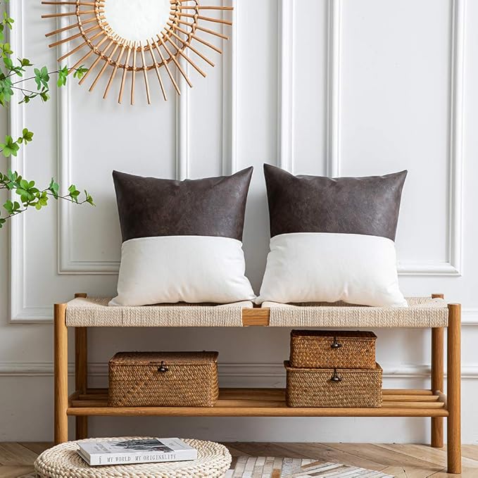 DEZENE Leather Throw Pillow Covers, Set of 2 Modern Leather/Cotton Decorative Pillowcases for Home Decor Bedroom Living Room Couch Bed Sofa, 18x18 Inch, Dark-Brown and White