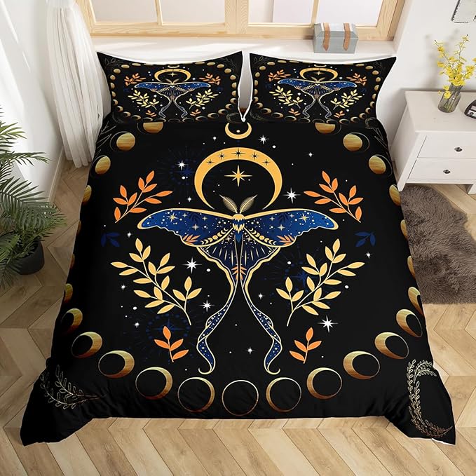 Castle Fairy Gothic Moth Duvet Cover Set Full Size,Bohemian Stars Moon Starry Galaxy Comforter Cover with 2 Pillowcases,Leaves Botanical Exotic Breathable Bedspread for Boys Teens,Pillow Sham