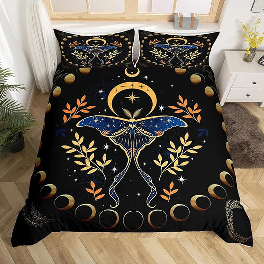 Castle Fairy Gothic Moth Duvet Cover Twin Size,Bohemian Stars Moon Starry Galaxy Comforter Cover Set for Kids Boys Girls,Leaves Botanical Exotic Bedding Quilt Cover Set Bedroom Decor, 2 Pieces