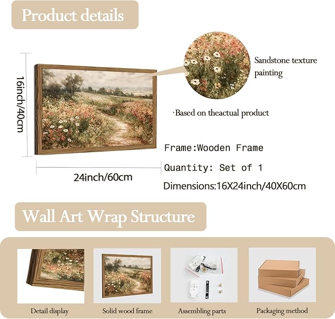 Framed 3D Textured Wall Art, Vintage Landscape Wall Decor Painting, Hand Drawn Sandstone Country Watercolor Floral Pictures Artwork for Living Room Bedroom Home Decor 16x24 inch Wood Frame