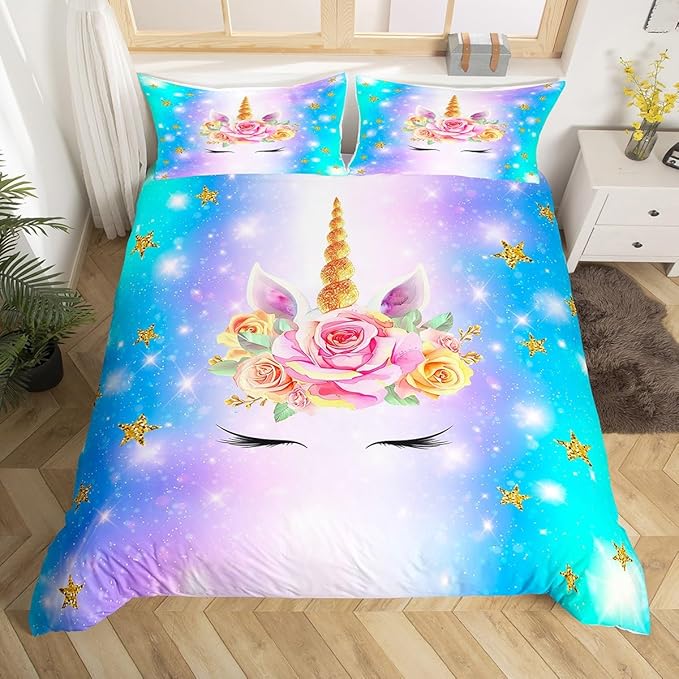 Castle Fairy Unicorn Comforter Cover Twin Size, Cute Rainbow Watercolor Print Bedding Set Kids Girls Girly Animal Themed Sweet Duvet Cover with 1 Pillowcase, Soft Fashion Microfiber