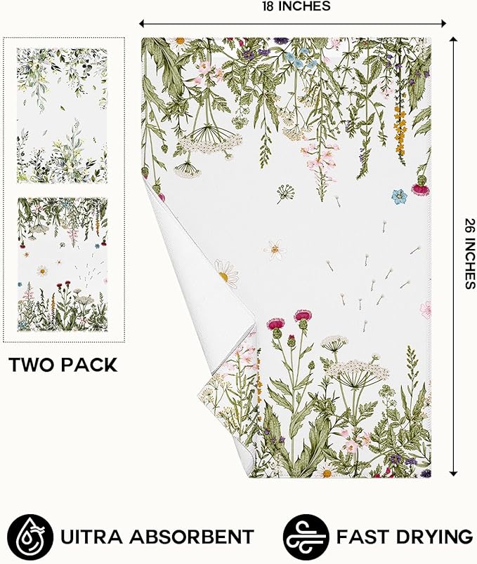 Microfiber Kitchen Towels - Set of 2 Dish Towels for Kitchen 18 x 26 Inch Home Decoration Grass Flower Cute Spring Hand Towels Soft & Absorbent Aesthetic Design