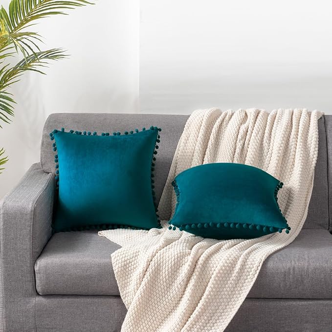 DEZENE Throw Pillow Cases 24x24 Teal: 2 Pack Cozy Soft Pom-poms Velvet Square Decorative Pillow Covers for Farmhouse Home Decor