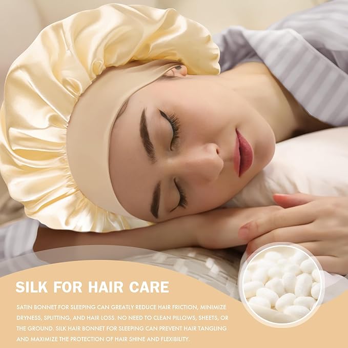Satin Silk Bonnet for Sleeping, Double Layer Silk Sleep Cap for Men & Women, Soft Satin Lined Bonnet for Natural & Curly Hair(Champagne)